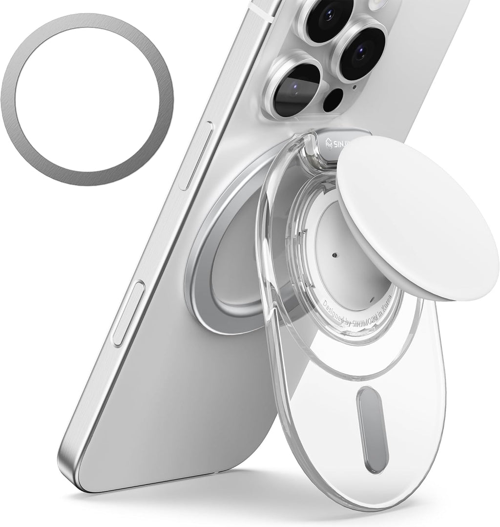 Sinjimoru Phone Grip Stand, Compatible with MagSafe, Adaptor Ring Included, 3000G Kickstand for iPhone 16/15/14/13/12. M-Tap Tok Stand Clear White