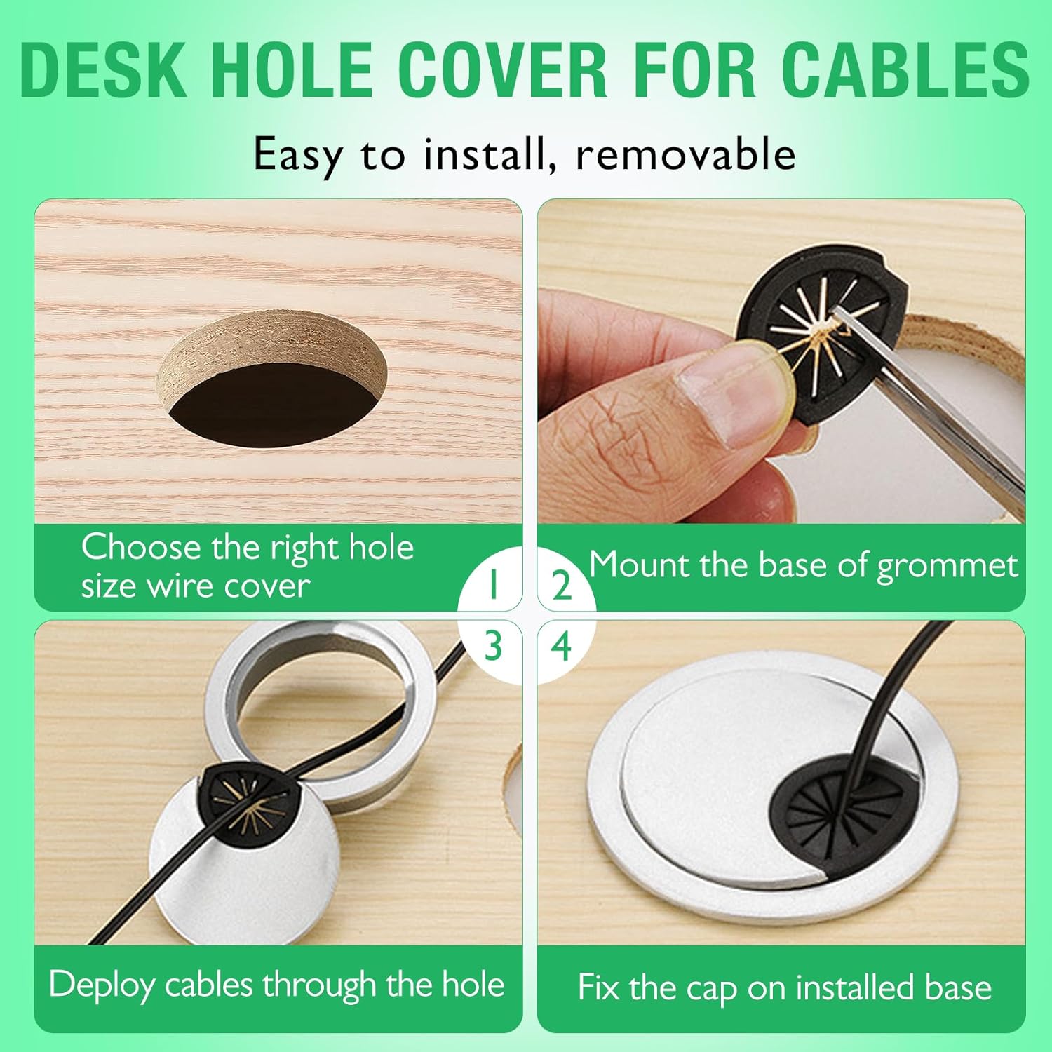 2 Pcs Desk Grommet 2-3/8" / 60 mm, Desk Cord Hole Cover, Cable Grommet ABS Plastic, Desk Hole Grommet for Home & Office Pc, Detachable Cable Cord Organizer-Silver Sand