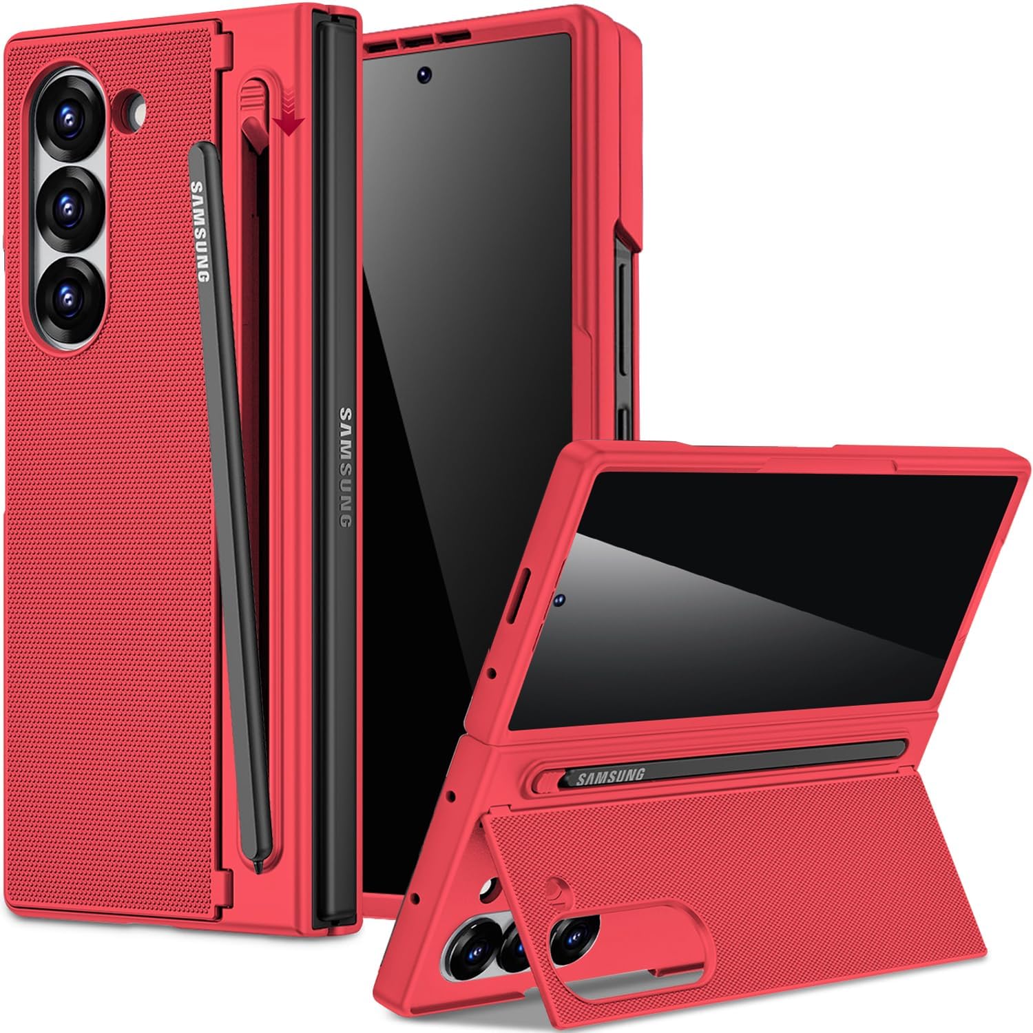 Miimall for Samsung Galaxy Z Fold 6 Case with S Pen Holder Slot [Military Grade Drop] [Built-in Privacy Screen & Invisible Kickstand] Slim Thin Protective Phone Case for Galaxy Z Fold 6 5G Cover Red