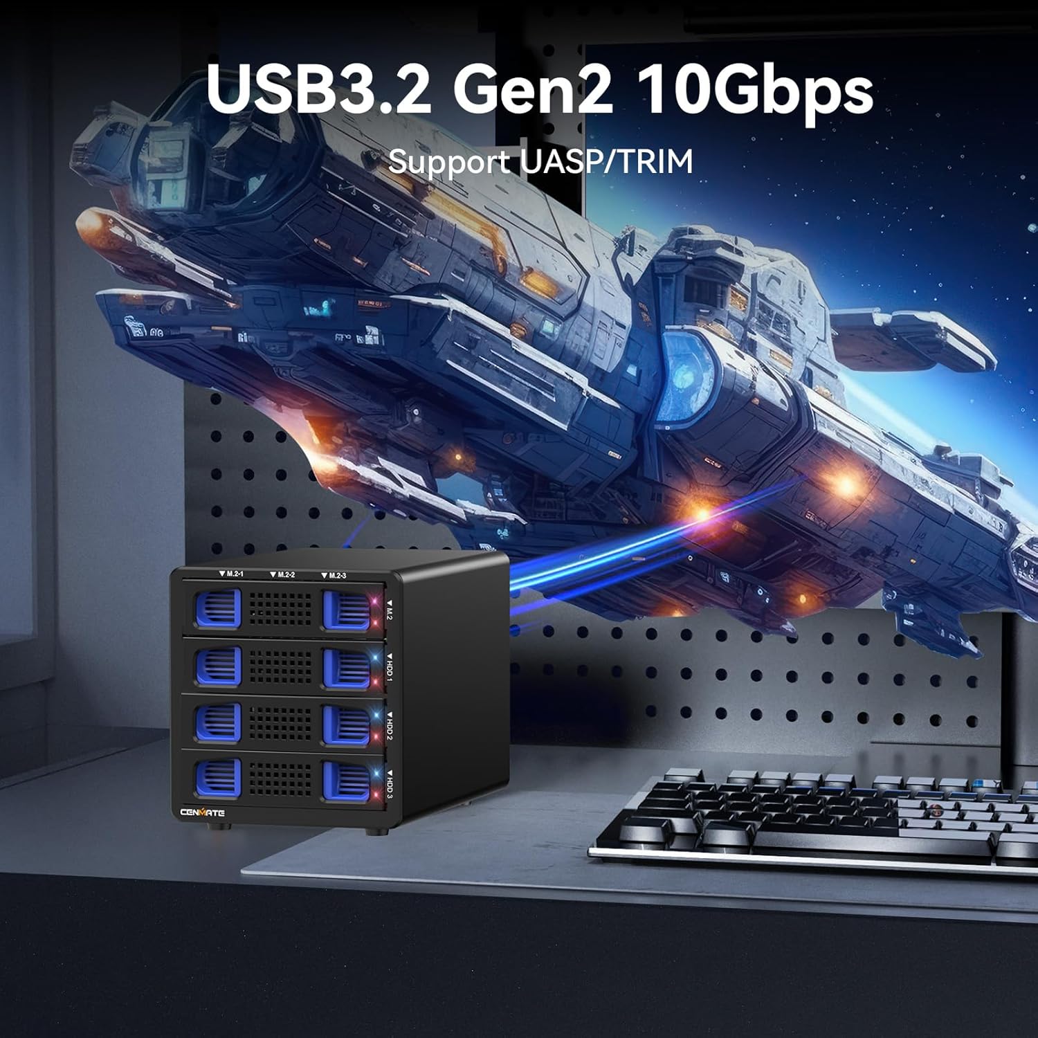 Hybrid 3*2.5/3.5" SATA HDD/SSD+3* M / B+M Key M.2 NVMe Enclosure with Cooling Fan and USB A/C 3.2 Gen 2, Hard Drive Enclosure Support 90TB(3*22TB HDD+3*8TB 2230/2242/2260/2280/22110 SSDs)