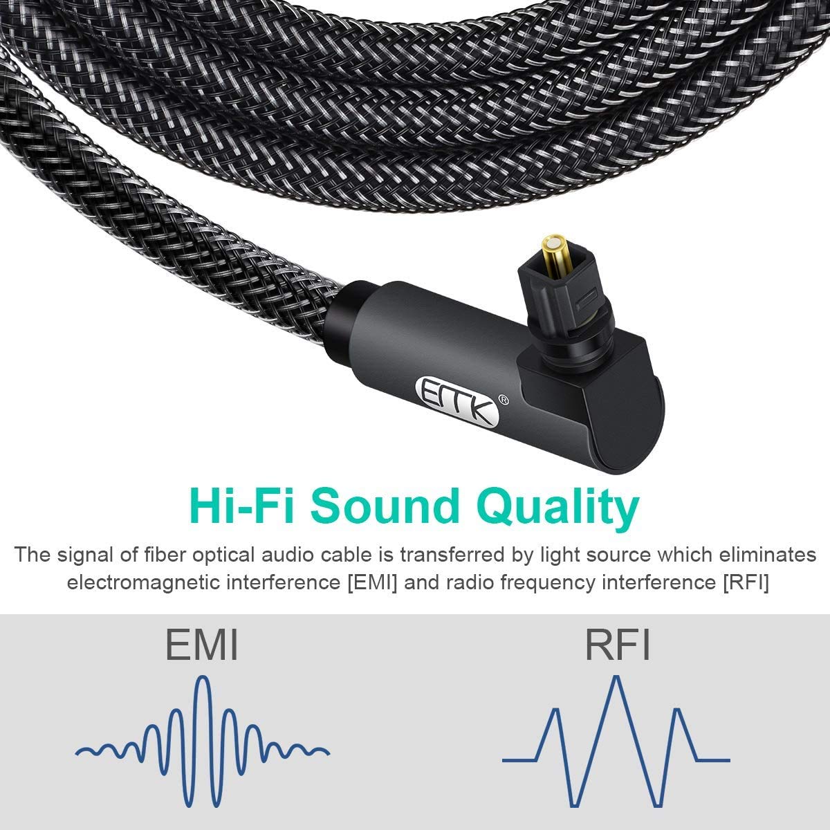 EMK 90 Degree Toslink Optical Cable 360 Degree Free-Rotating Plug Fiber Optic Cable S/PDIF Toslink Male to Male for Home Theater, Sound Bar, TV, PS4, Xbox,Grey (50ft/15m)