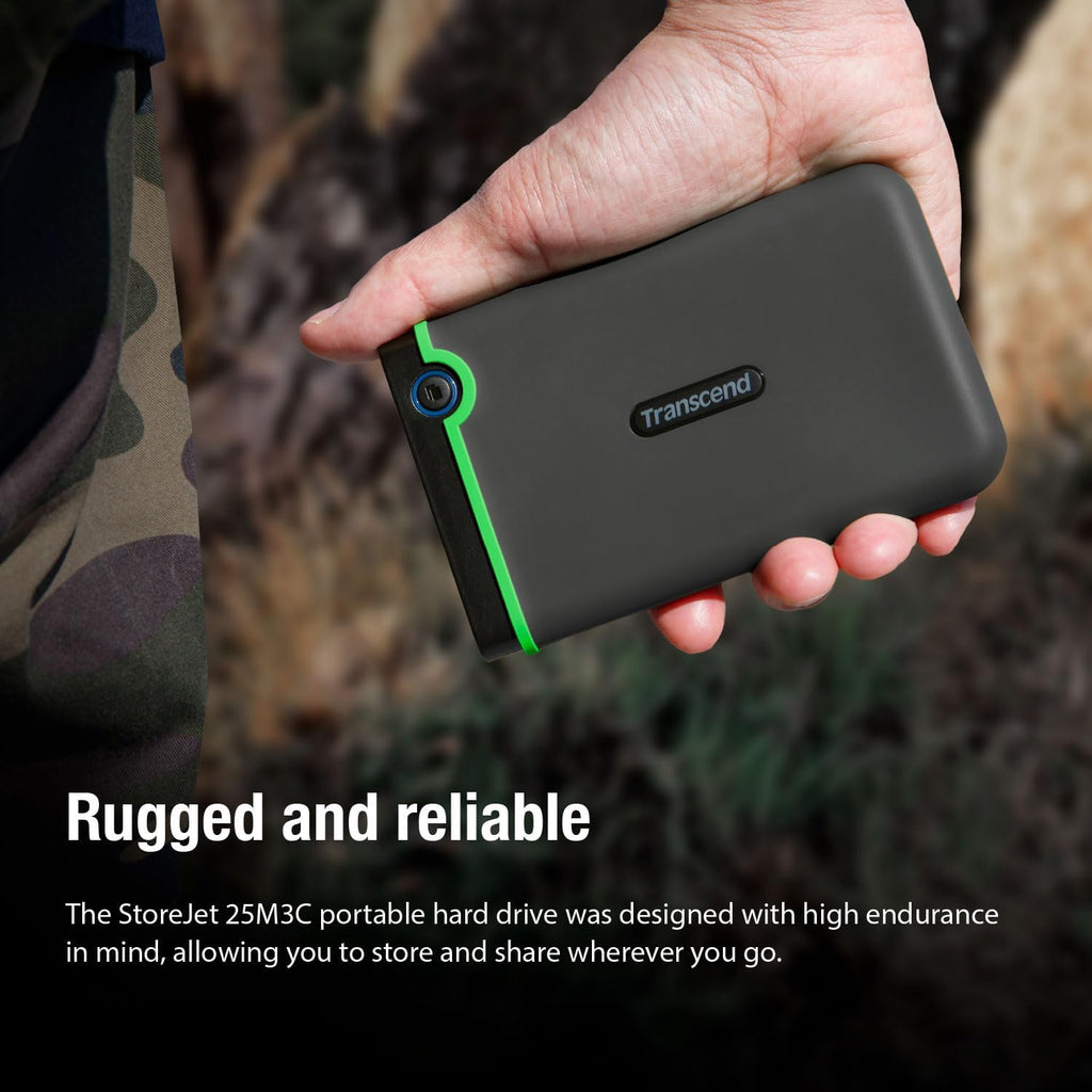 Transcend 2TB SJ25M3C, USB 3.1 Portable Hard Drive Rugged, Anti-Shock Resistant, Compact and Lightweight with Lightning-Fast Speeds, One Touch Backup Button, Type C, Iron Grey - TS2TSJ25M3C