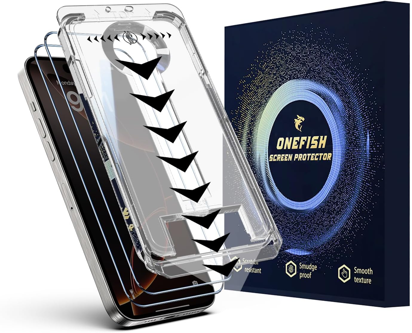 OneFish Screen Protector for Iphone 14 Pro, HD Clarity Tempered Glass Film 9H+ Hardness, with Hassle-Free Installation Frame, Dust-Free Bubble-Free Anti-Fingerprint, 2Pack