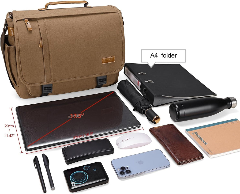 ESTARER Messenger Bag 17-17.3 Inch, Men's Computer Bag Water-resistant Canvas, Laptop Shoulder Bag for Travel Work College, Brown