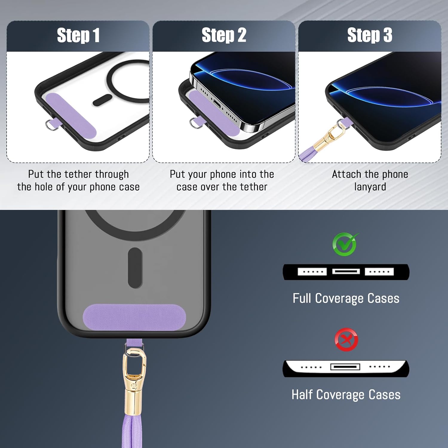 Phone Lanyard 2 Pack, 2x Adjustable Crossbody Phone Strap, 2x Tether Tab, Anti-theft Universal Cellphone Multifuctional Patch Lanyards for iPhone & Most Smartphones, Black + Purple