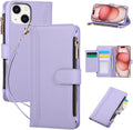 Compatible with iPhone 15 Wallet Phone Case-PU Leather Magnetic Flip Cover with Credit Card Slots,Zipper Pocket & Detachable Wrist Strap,Shockproof Design,for Women and Men-Purple