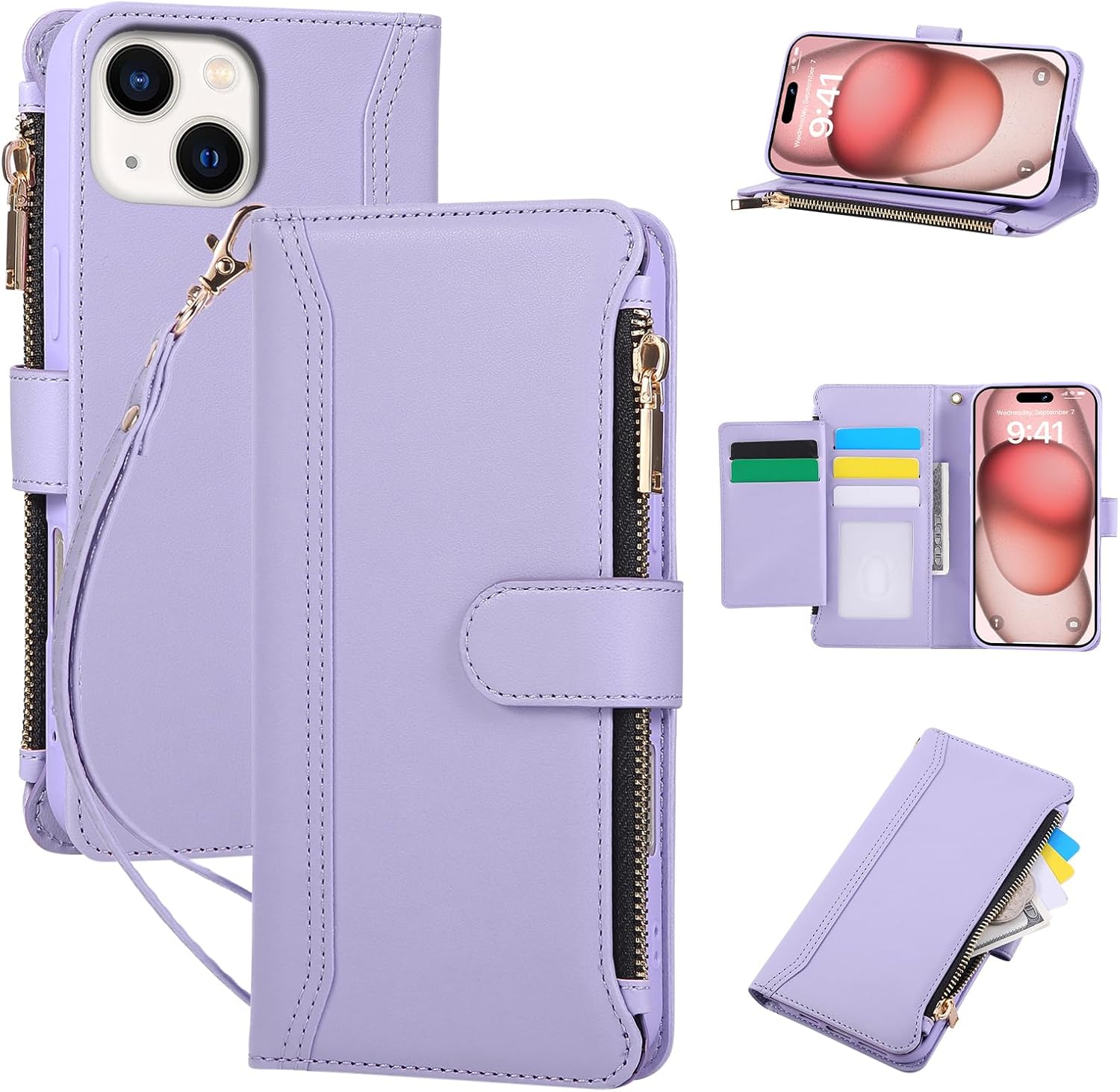 Compatible with iPhone 13/14 Wallet Phone Case-PU Leather Magnetic Flip Cover with Credit Card Slots,Zipper Pocket & Detachable Wrist Strap,Shockproof Design,for Women and Men-Purple