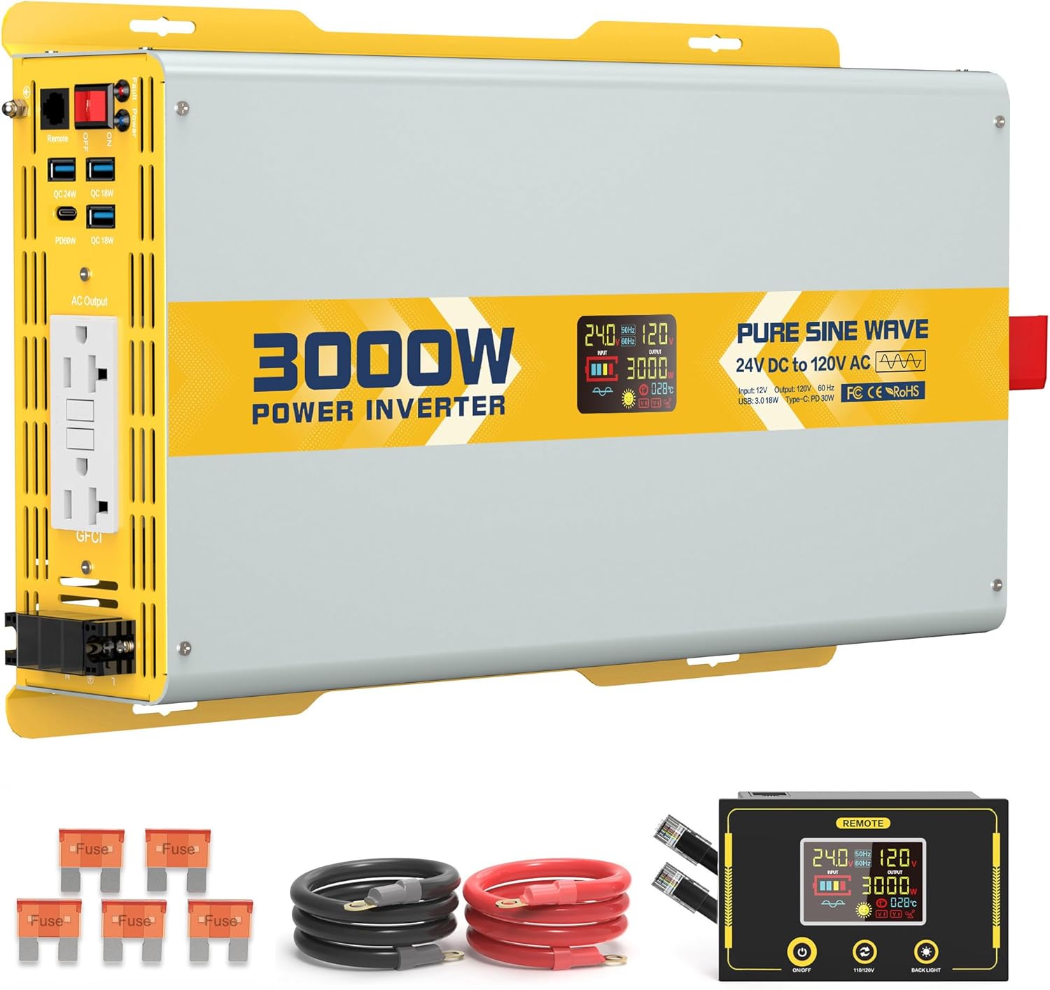 XWJNE 3000W Pure Sine Wave Power Inverter 24V DC to 120V GFCI AC Converter with LCD Display and Remote for Home, RV, Truck, Off-Grid Solar Power
