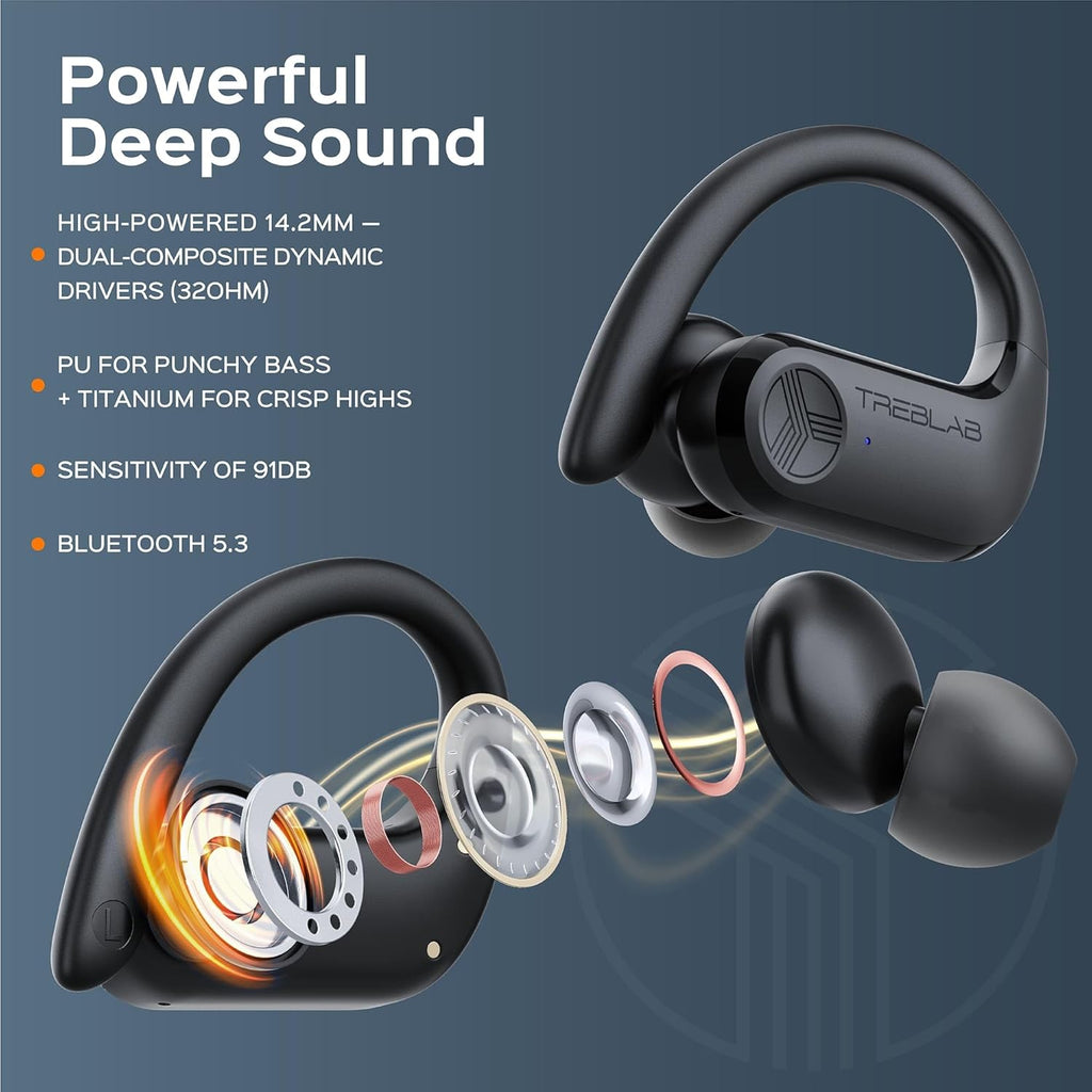 TREBLAB X3 Pro - Workout True Wireless Earbuds, Comfortable Earhooks, Bluetooth 5.3, Punchy Bass, Noise Isolation, 145H Playtime, IPX5 Waterproof, Sweatproof, 2 Mics for Calls, Sport Bluetooth Earbuds