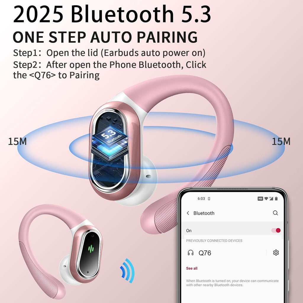 Wireless Earbuds, 2025 Bluetooth 5.4 Headphones Sport, Bluetooth Earbuds with ENC Noise Canceling Mic, 50H Stereo Wireless Headphones IP7 Waterproof with Earhooks, Dual LED Display for Workout/Running