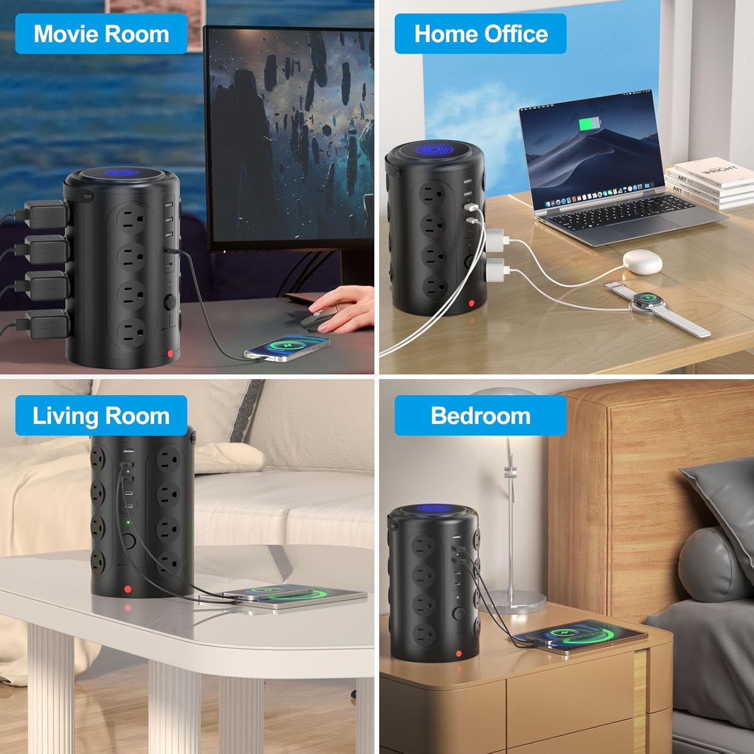Tower Power Strip with 15W Wireless Charger, 20FT Extension Cord with Multiple Outlets, 16 AC Outlets & 5 USB (2 USB C) Charging Station Surge Protector for Office Home Dorm Room (Black)