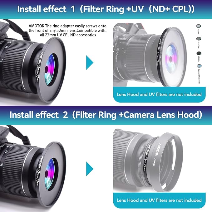 52mm Lens to 77mm Camera Filters Ring Compatible All 52mm Camera Lenses to 77mm - Image 6