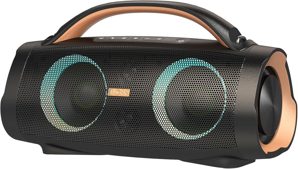 DOSS Extreme Boom+ Loud Bluetooth Speaker with 100W Stereo Sound, Extra Bass, 20H Playtime, Party-Sync Led Lights, Built-in Power Bank, IPX6 Waterproof Outdoor Speaker for Camping, Travel-Copper Gold