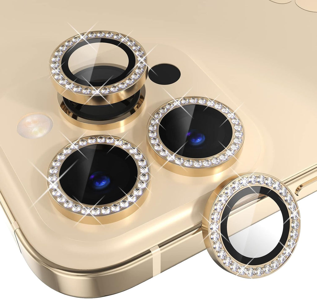 Choiche [3+1 for iPhone 14 Pro/iPhone 14 Pro Max Camera Lens Protector Bling, 9H Tempered Glass Camera Cover Screen Protector Metal Ring Decoration Accessories (Diamond-Gold)