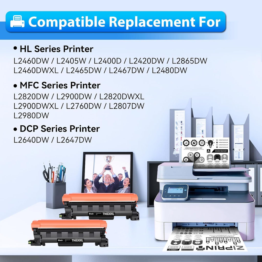 ZIPRINT TN830XL Toner 2 Pack(with chip) Compatible Replacement for Brother tn830 tn830xl tn830/xl/v tn-830xl Toner for HL-L2460DW DCP-L2640DW HL-L2405W MFC-L2820DW MFC-L2900DW HL-L2480DW Printer