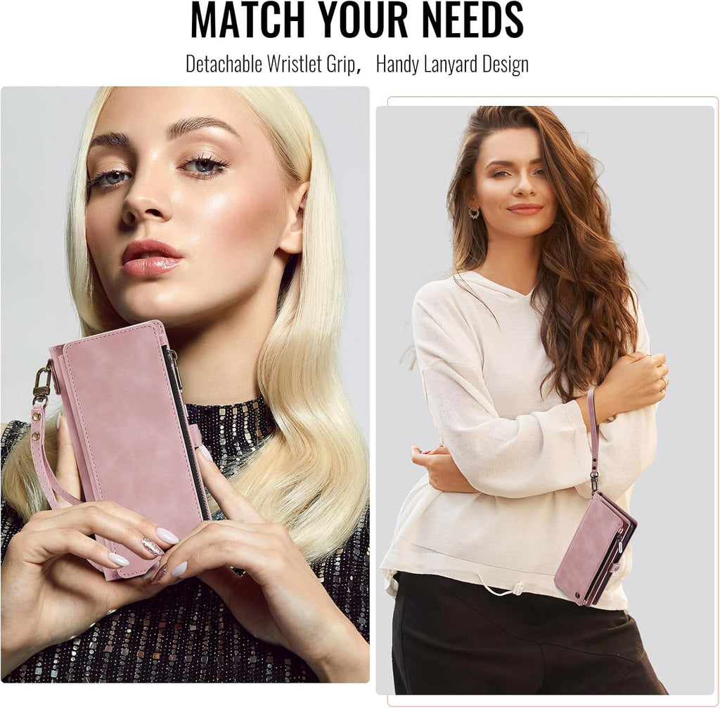 Defencase for Galaxy A26 5G Case Wallet with RFID Blocking Card Holder for Women Men, Fashion PU Leather Magnetic Snap Flip Zipper Wrist Strap Wallet Phone Case for Samsung Galaxy A26 5G, Rose Pink