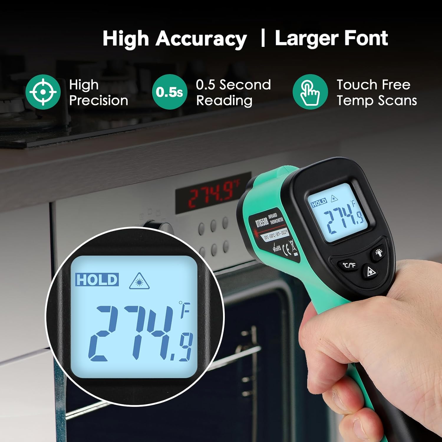 OnniOne Infrared Thermometer Gun for Cooking, -58℉~1022℉, Digital Laser Temperature Gun for Blackstone Pizza Oven Reptiles, IR Thermometer with Carrying Storage Case, Larger Font, LCD Backlit, Green