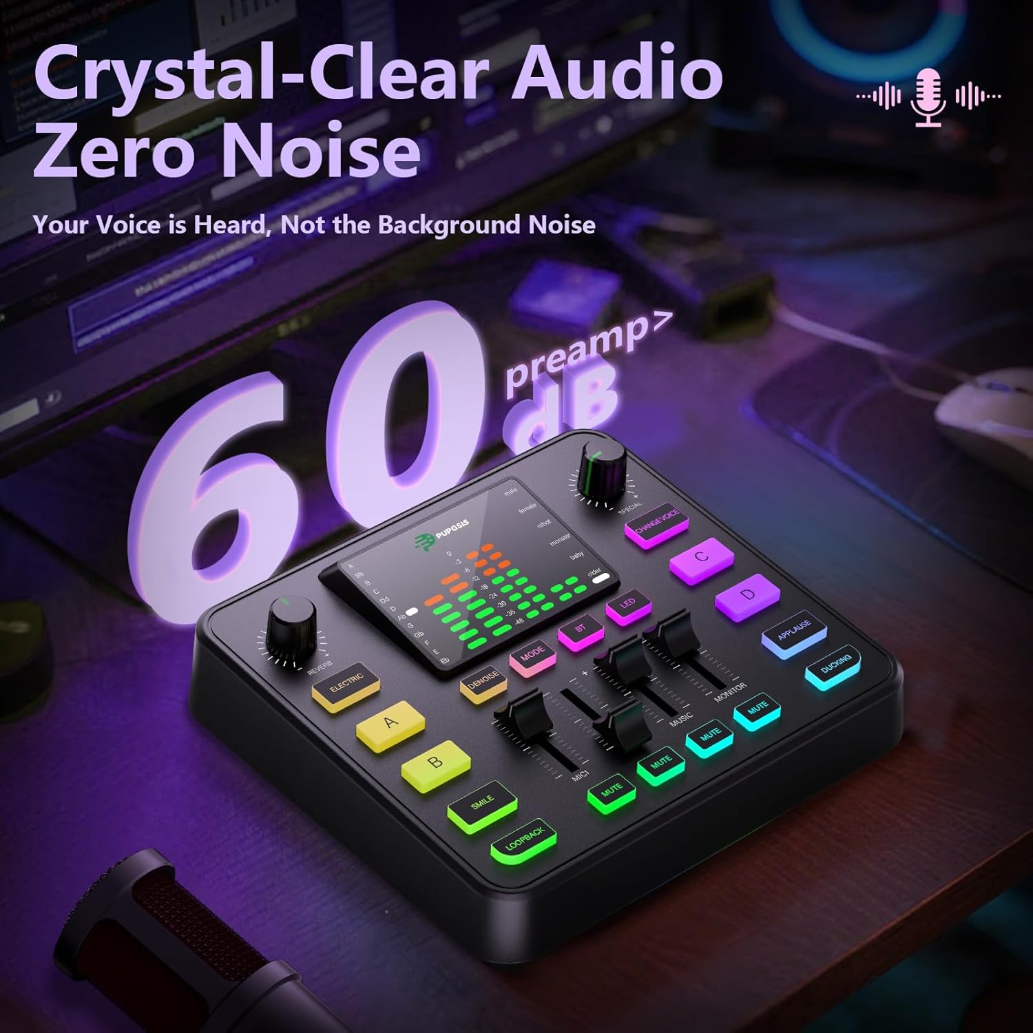 Pupgsis Gaming Audio Mixer, Audio Interface, Sound Board With Pro-Preamp, Noise Cancellation, RGB, Bluetooth, Volume Fader For Streaming/Podcasting/Gaming Maonocaster/Content Create, 6.35mm