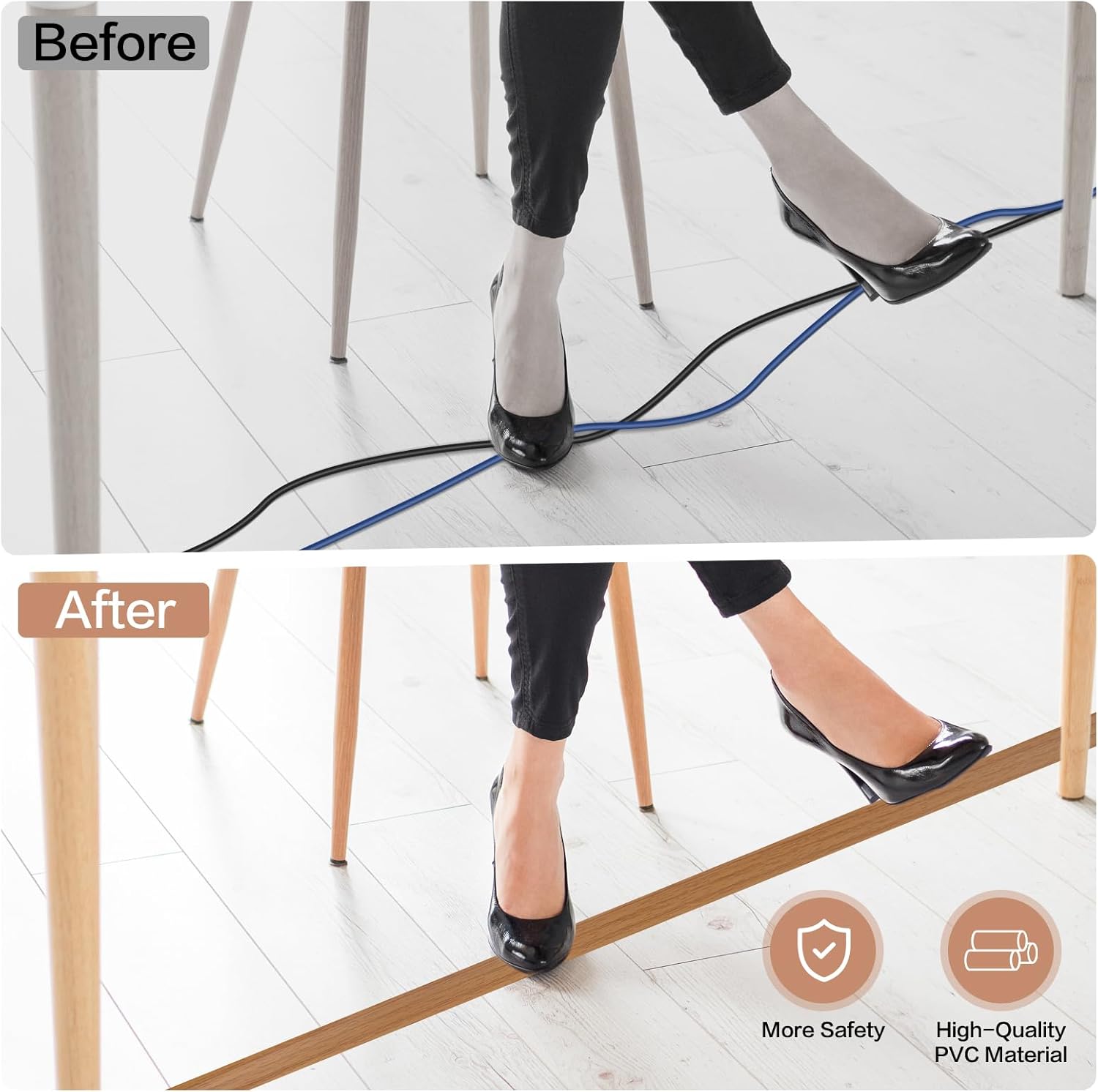 Floor Cord Cover Self Adhesive Cord Hider Floor Extension Cord Covers for Floor Power Cord Protector Cable Management Prevent Cable Trips Cable Cavity 0.32" W x 0.32" H (Light Brown Wood, 20Ft)