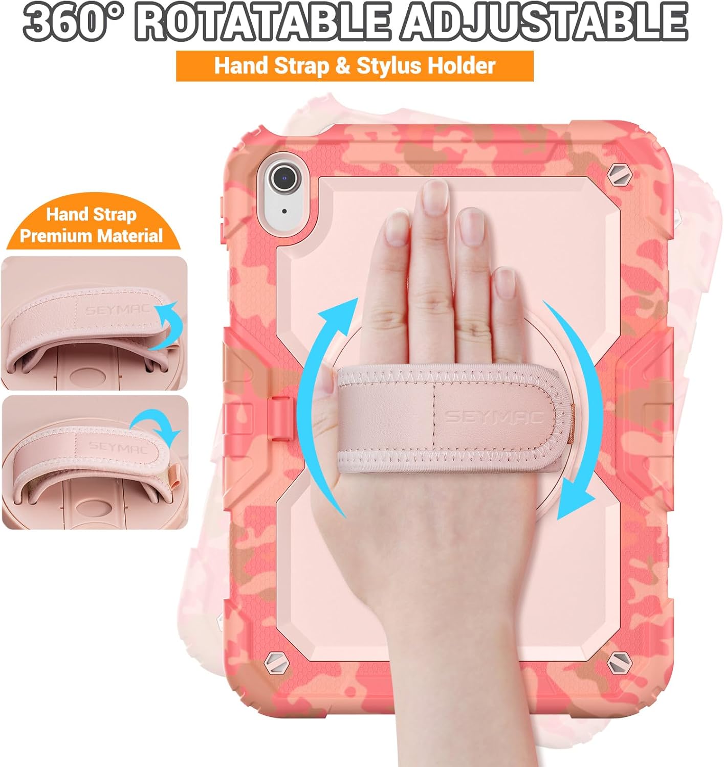 SEYMAC for iPad (A16) 11th/10th Generation 2025/2022 (11″/10.9″), Heavy Duty Full-Body Shockproof Protective Case with Screen Protector, Rotating Stand, Hand/Shoulder Strap, Multicolor/Pink