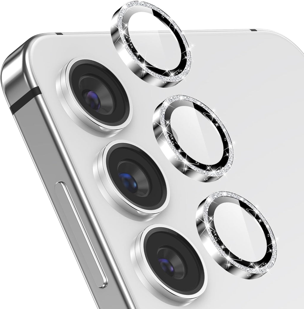 YWXTW Camera Lens Protector for Samsung Galaxy S24 / S23 / S23 Plus, [NOT for S24 Plus] 9H Tempered Glass Metal Individual Ring Camera Screen Protector for S24 Accessories (Silver Glitter)