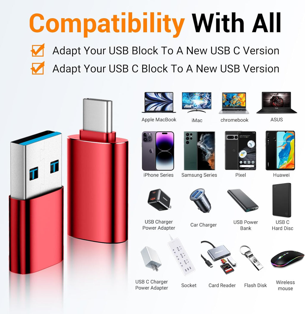 Temdan USB to USB C Adapter for iPhone 16 Charger 4 Pack,USBC Female to A Male OTG Type C Converter for Apple Watch Ultra iWatch 7 8 9 10,iPhone 16 15 14 13 Plus Pro Max,AirPods,OTG Adapter-Red