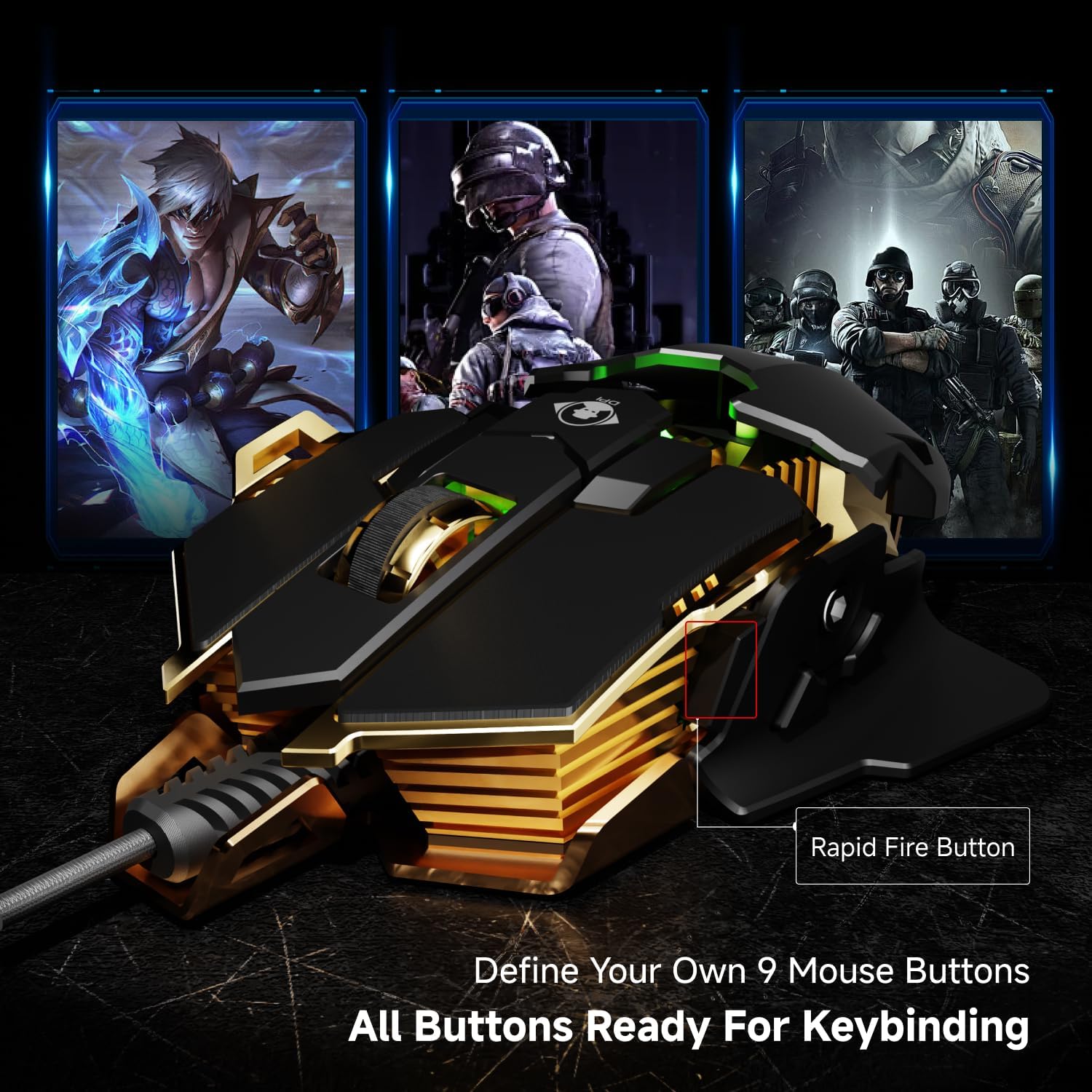 EWEADN G5 Wired Gaming Mouse, Ergonomic RGB Computer Mouse, 12800 Adjustable DPI, 9 Programmable Macro Buttons with Rapid Fire Key Compatible for PC/Laptop/Windows- Black&Gold