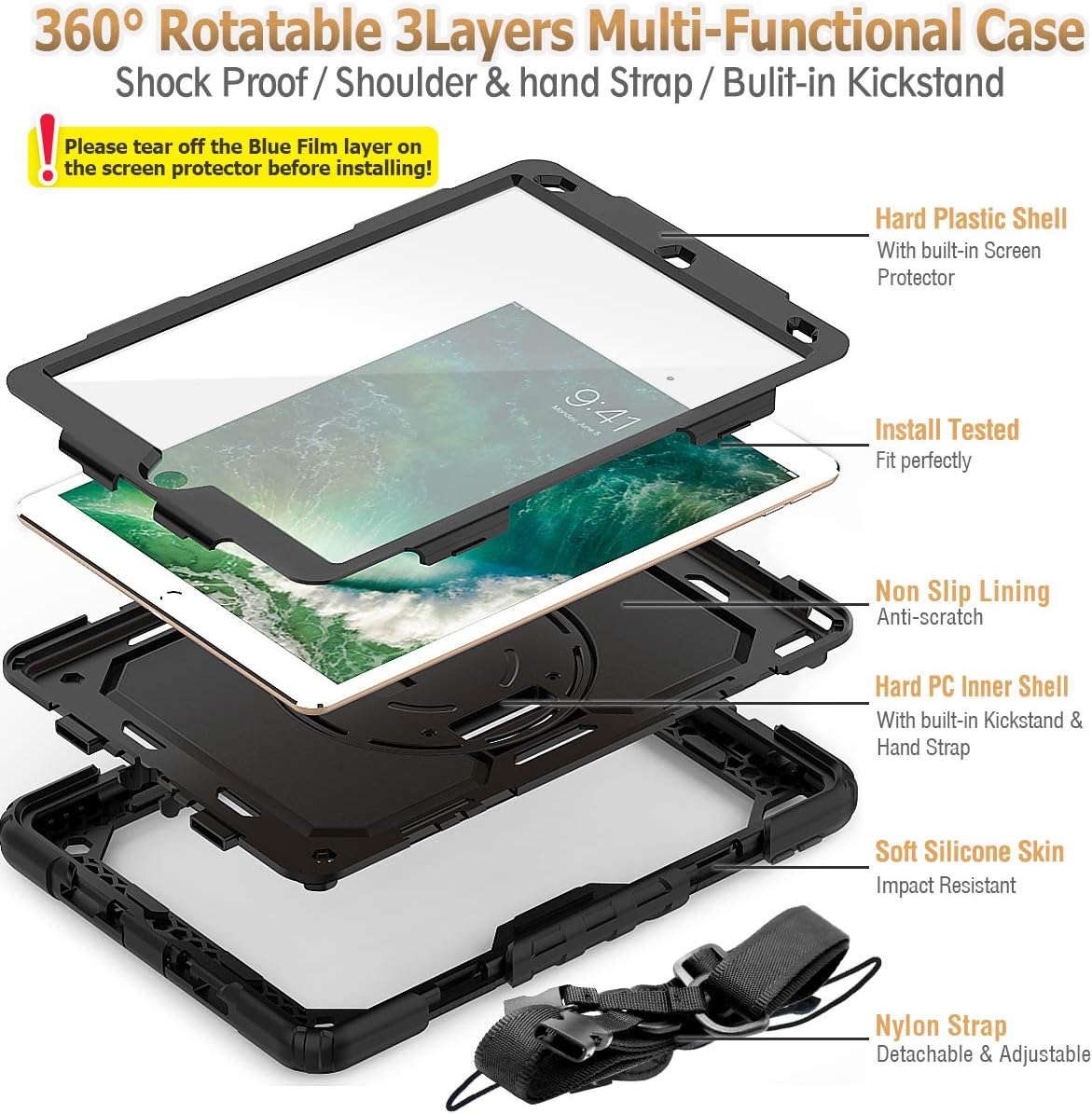 SEYMAC stock Case for iPad Air 3 2019 / Pro 10.5'' with Screen Protector Pen Holder [360° Rotate Hand Strap/Stand], Drop-Proof Case (Black)