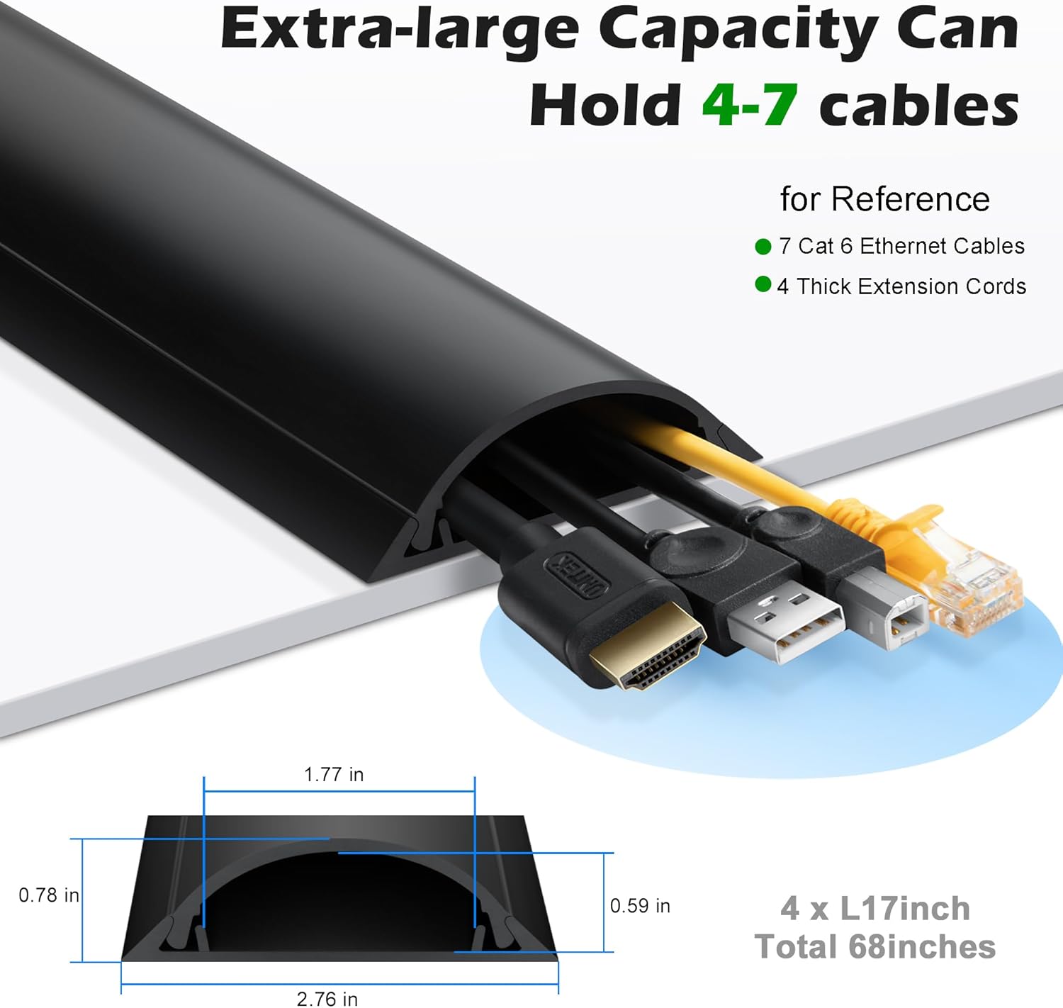 Cord Cover Floor 68in (4 x L17in), Large Capacity Floor Cable Cover, Hard PVC Cord Hider, Wire Cable Management Raceway, Black, Cord Cavity - 1.8"(W) x 0.6"(H)