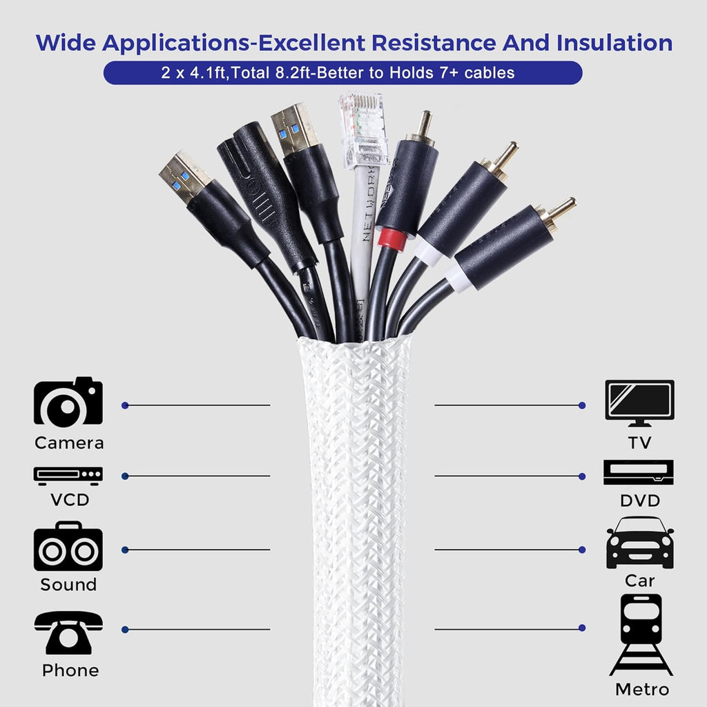 Cable Management Sleeves 1in - 2 Pack 6.6ft Split Braided Cable Sleeve White, Cord Protectors from Pets, Wire Organizers for Cords, Flexible Cord Wrap Wire Sleeve for Computer Cord Organizer