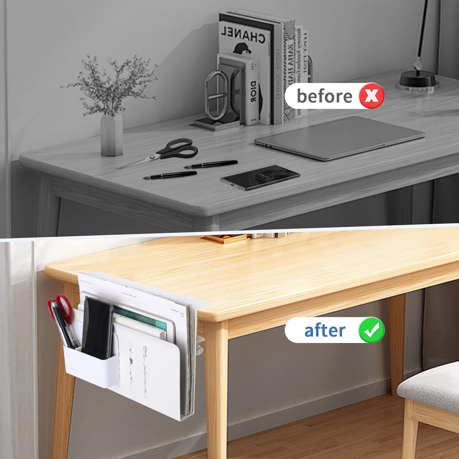 Desk Side Storage, Side Desk Laptop Holder with Anti-Scratch Pad & Magnetic Pen Holder, No Drill Under Table Laptop Mount Fits Flat Edge 0.3" to 2.3"