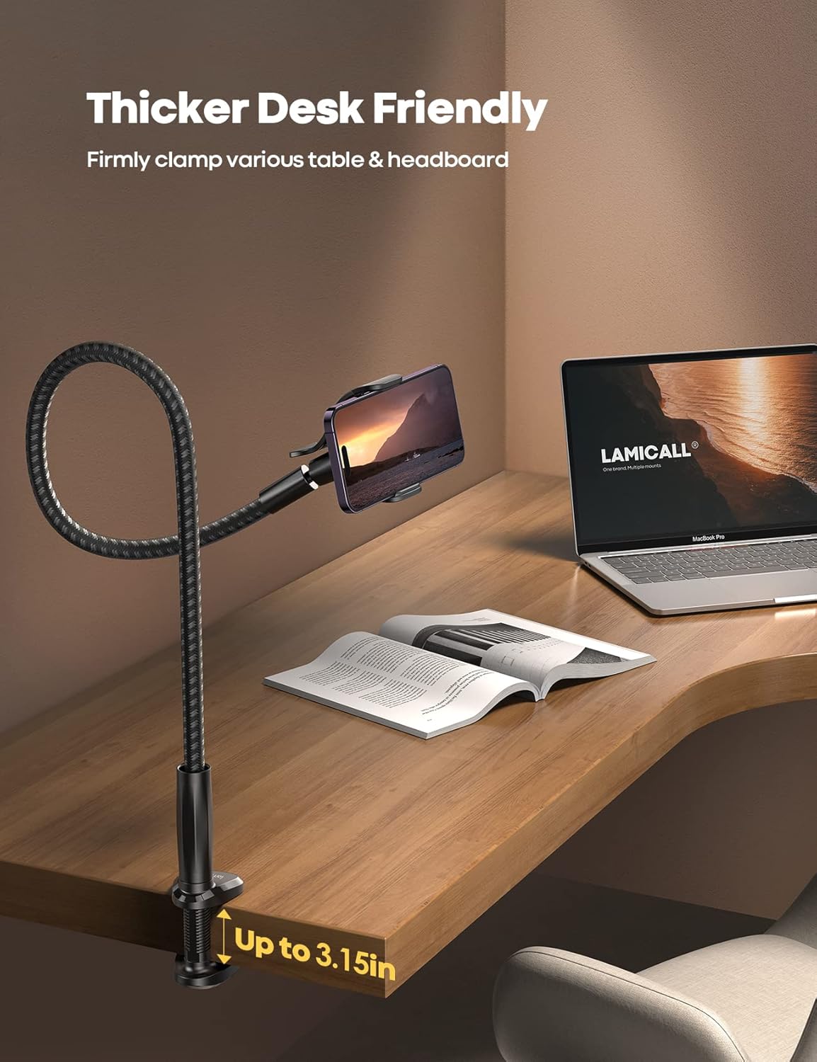 Lamicall Gooseneck Phone Holder Bed - [Nylon Braided] Flexible Arm, 38inch Overall Length, 360 Adjustable Clamp Clip, Overhead Cell Phone Mount Stand for Bed, Desk, 4-7” Cellphone