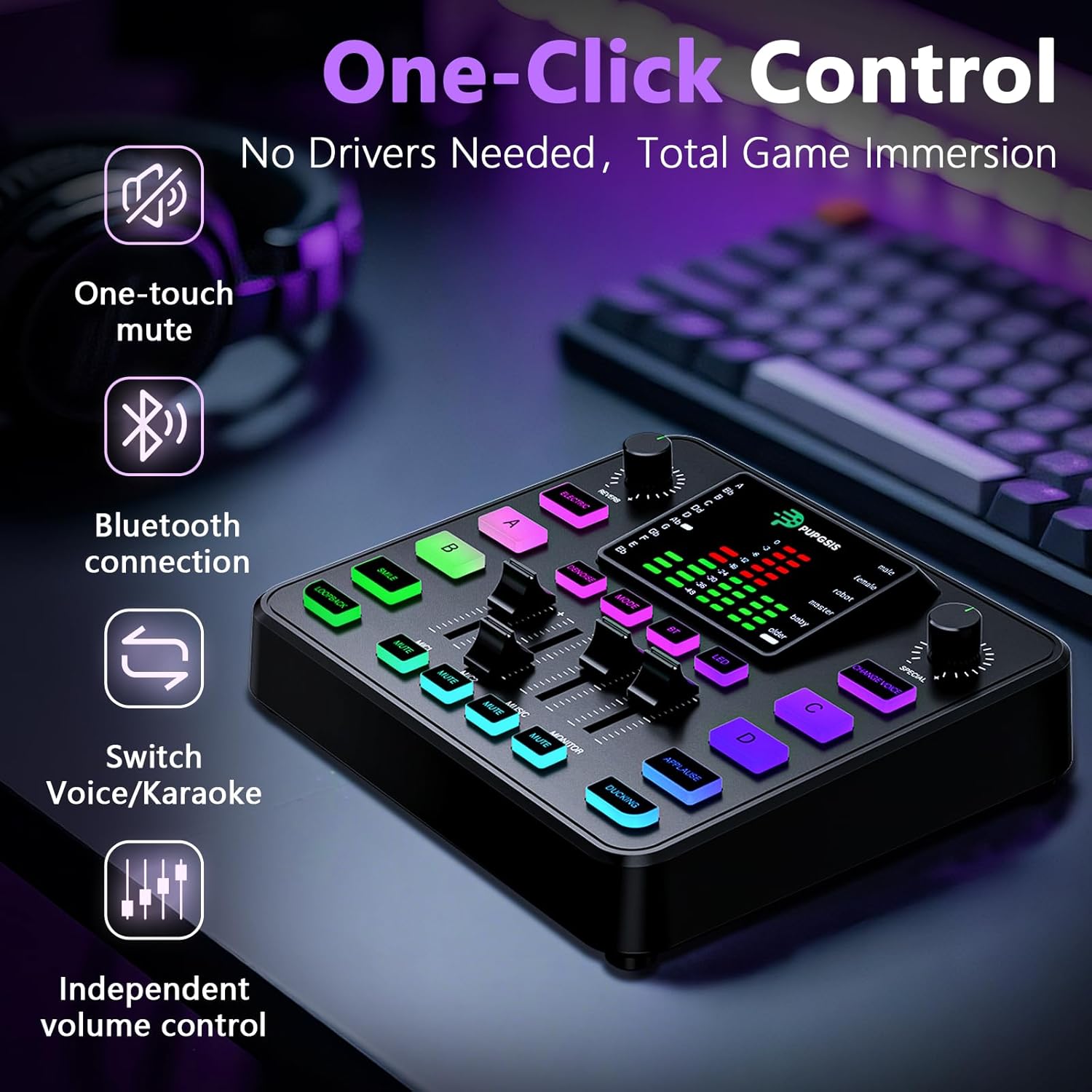 Pupgsis Gaming Audio Mixer, Audio Interface, Sound Board With Pro-Preamp, Noise Cancellation, RGB, Bluetooth, Volume Fader For Streaming/Podcasting/Gaming Maonocaster/Content Create, 6.35mm