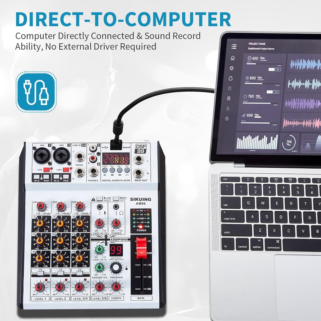 6 Channel Audio Mixer Professional Sound Board Console w/99 DSP Effects 48V Phantom Power Bluetooth USB Interface Stereo DJ Mixer Board for Karaoke Live Performance DJ Stage
