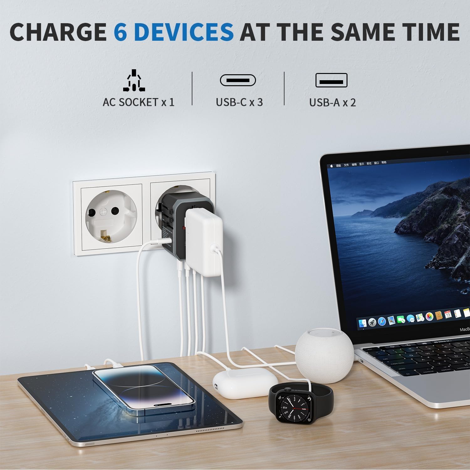 EPICKA Universal Travel Adapter, International Power Adapter with 2 USB-A & 3 USB-C Ports Wall Charger - Worldwide Travel Essentials, European Travel Plug Adapter for UK/US/AU (TA-105C, Black)