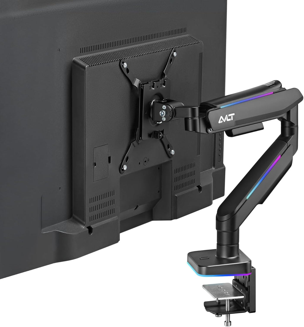 AVLT RGB Lights Single 17”-49” Gaming Monitor Arm Desk Mount, Fits One Flat/Curved/Ultrawide Screen up to 44lbs(20kg), Height Swivel Tilt Adjustable Stand - Black