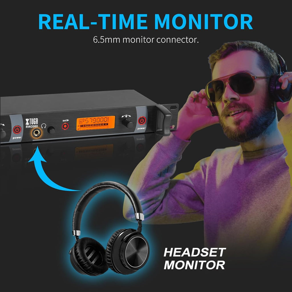 XTUGA RW2080 Wireless in Ear Monitor System Mono with 2 Bodypacks, Dual Channel Design IEM UHF System Stage Monitors Earphone 300Ft Range, 40 Frequencies for Band, Studio, Musicians, 902-928mhz