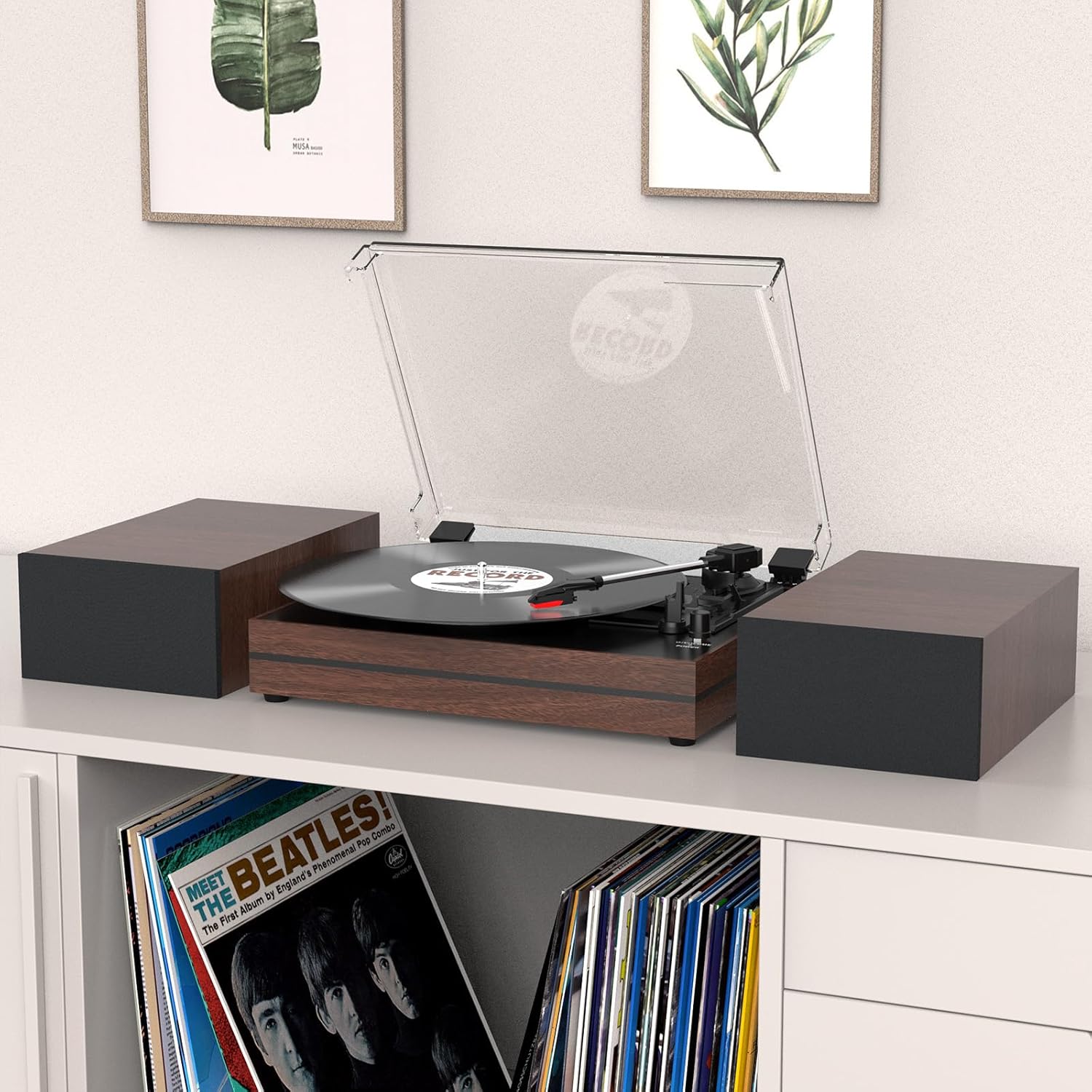 Vintage Record Player for Vinyl with Dual Separate Stereo Speakers Turntable BT Wireless Input Playback Belt Drive 3 Speed 3 Size Playback Record Player Support AUX Headphone Input RCA Out Auto Stop