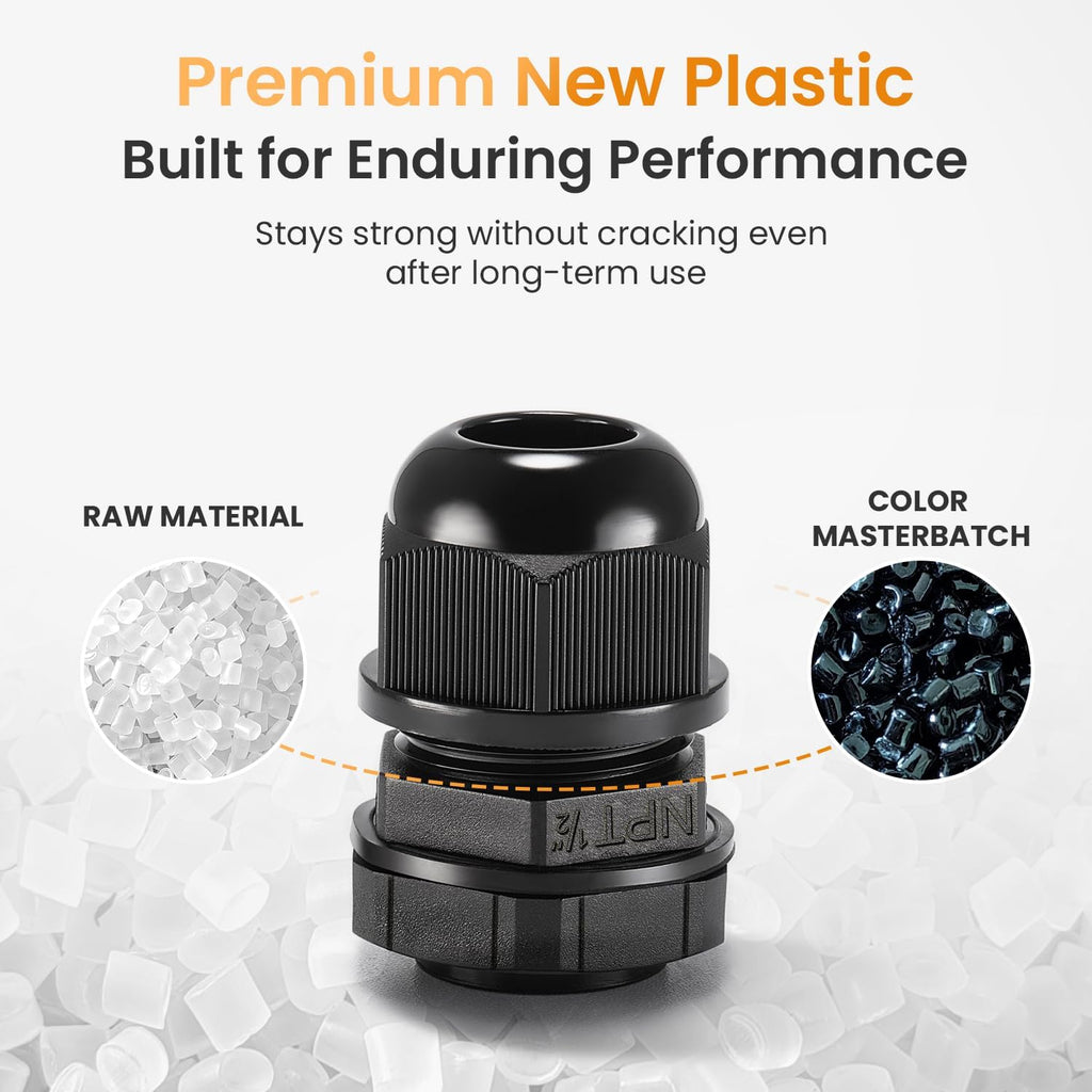 QILIPSU 50pcs 1/2" NPT Cable Gland Waterproof IP68 Nylon Cable Pass Through Cord Grip Connector Strain Relief Wire Grommet
