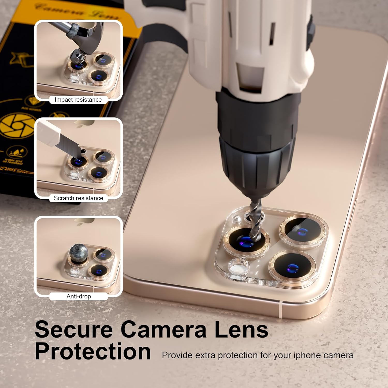 beuxece for 6 Pack iPhone 16 Pro/iPhone 16 Pro Max Camera Lens Protector [Drop Protection] [Case Friendly] [Easy Installation] 9H Tempered Glass Camera Screen Protector Cover, CD Gold