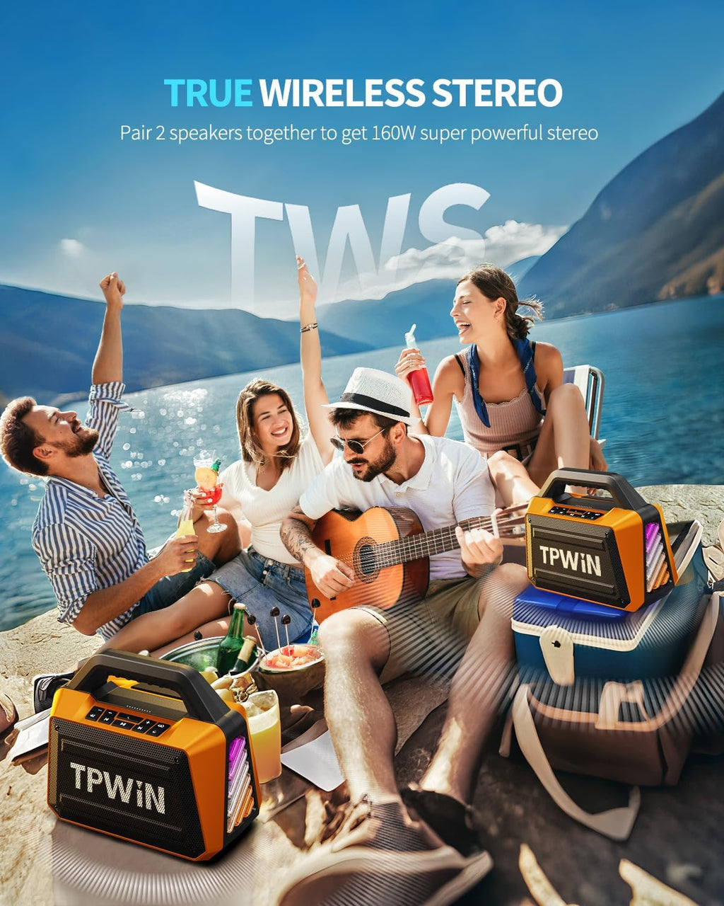 Portable Bluetooth Speaker Wireless - Loud Speakers 80W Peak, 20H Playtime, Light Show, TWS, Deep Bass, BT 5.3, IPX6 Waterproof for Outdoor Travel Camping Beach Pool - Orange
