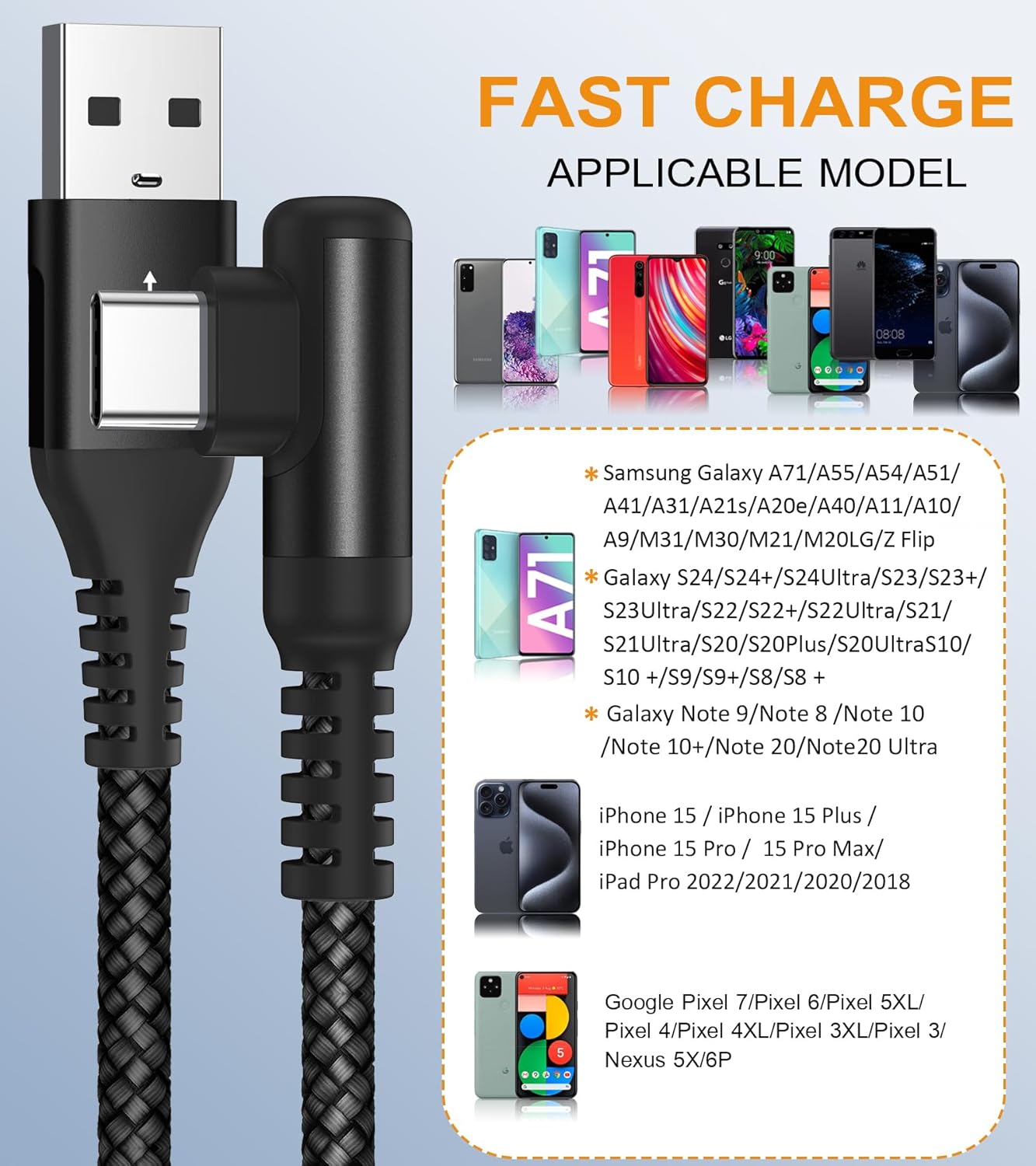 sweguard USB Type C Charger Cable Right Angle [2-Pack,6.6FT] iPhone 16 Charger Nylon Braided Cord for iPhone 15 16 Pro Max Samsung Galaxy S25 S24 S23 S22 S21 S20 S10 S9 Note A15 A55 Flip Pixel LG Moto