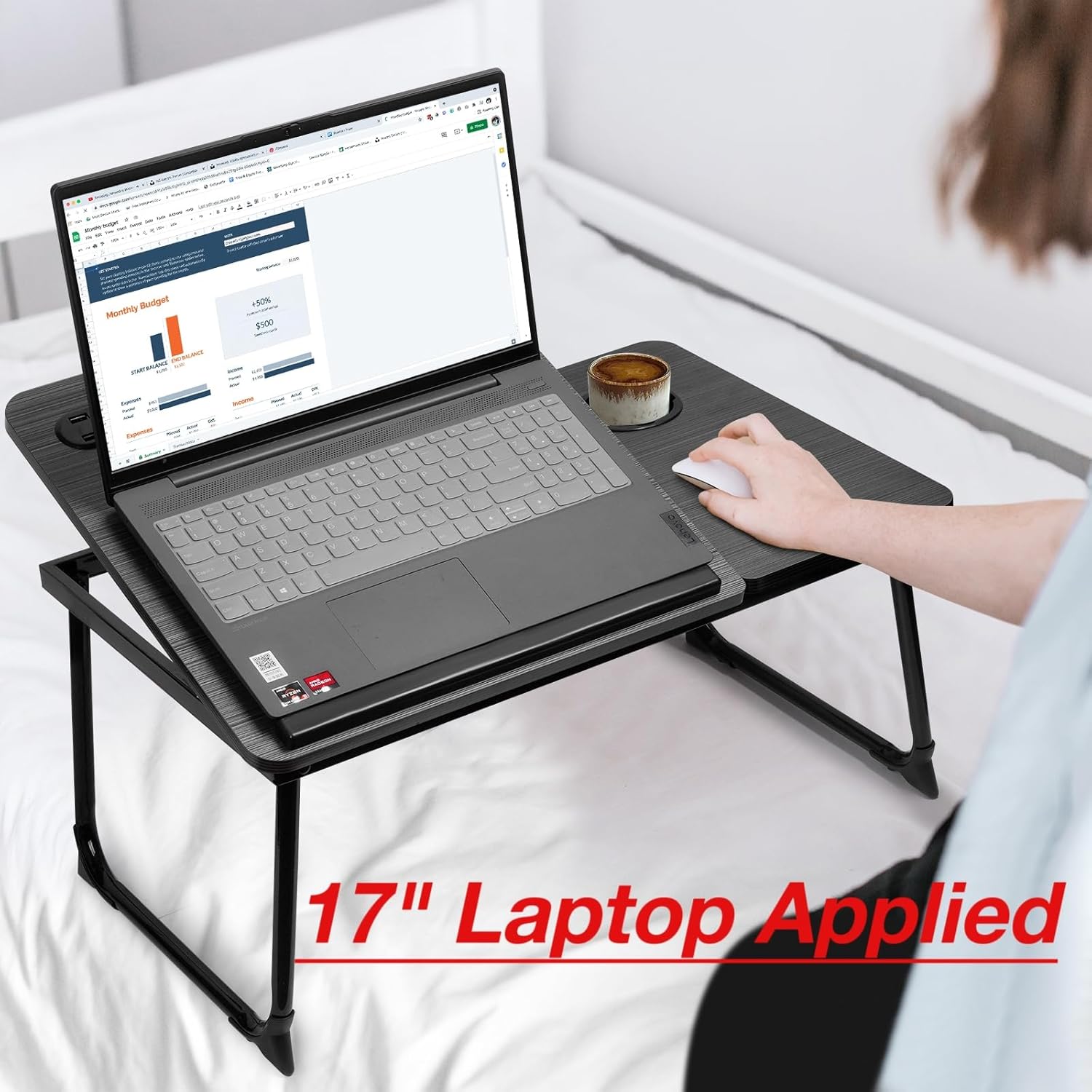 CloudTrip Plus XL Adjustable Laptop Desk with Light, USB Port, iPad Holder, Drawer Storage - Larger 23.6IN Adjustable Lap Desk for Bed, Home Office, Breakfast Tray, Fordable Legs Desk (Walnut)