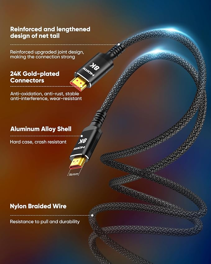 Snowkids 8K HDMI Cable 6.6 ft, Non-Slip Nylon Braided, 48Gbps Ultra High-Speed - Image 5