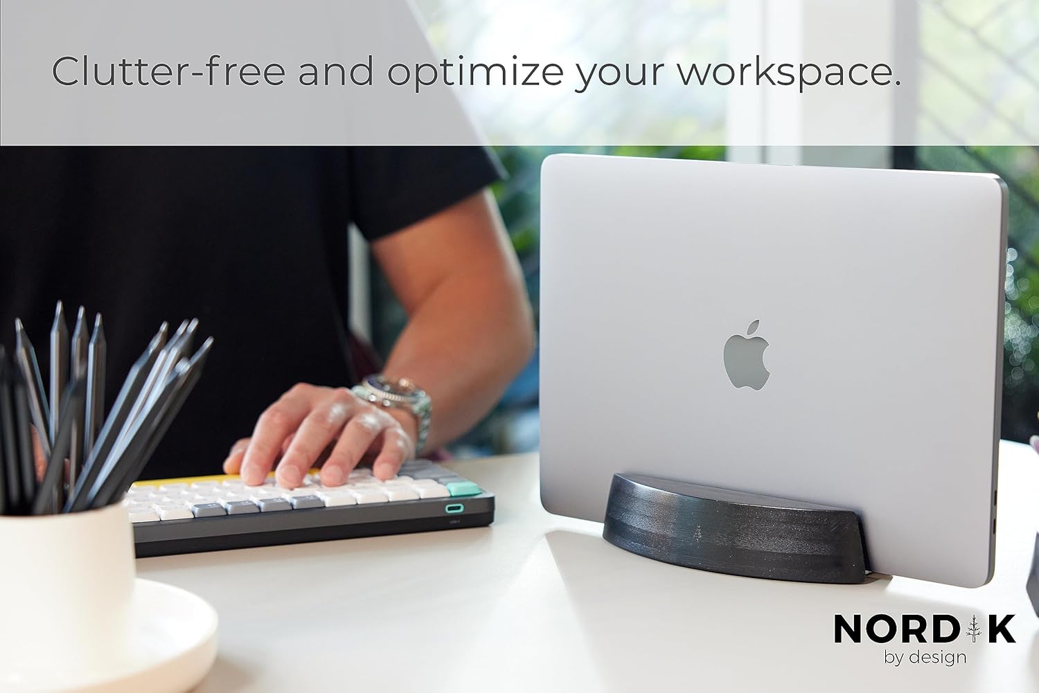 Nordik Vertical Laptop Stand - Black - Premium Laptop Dock and Holder for Home Office, Software Engineers - Space Saving Desk Dock for Mac Users and Laptop Users - Stable Non-Slip Wood Stand