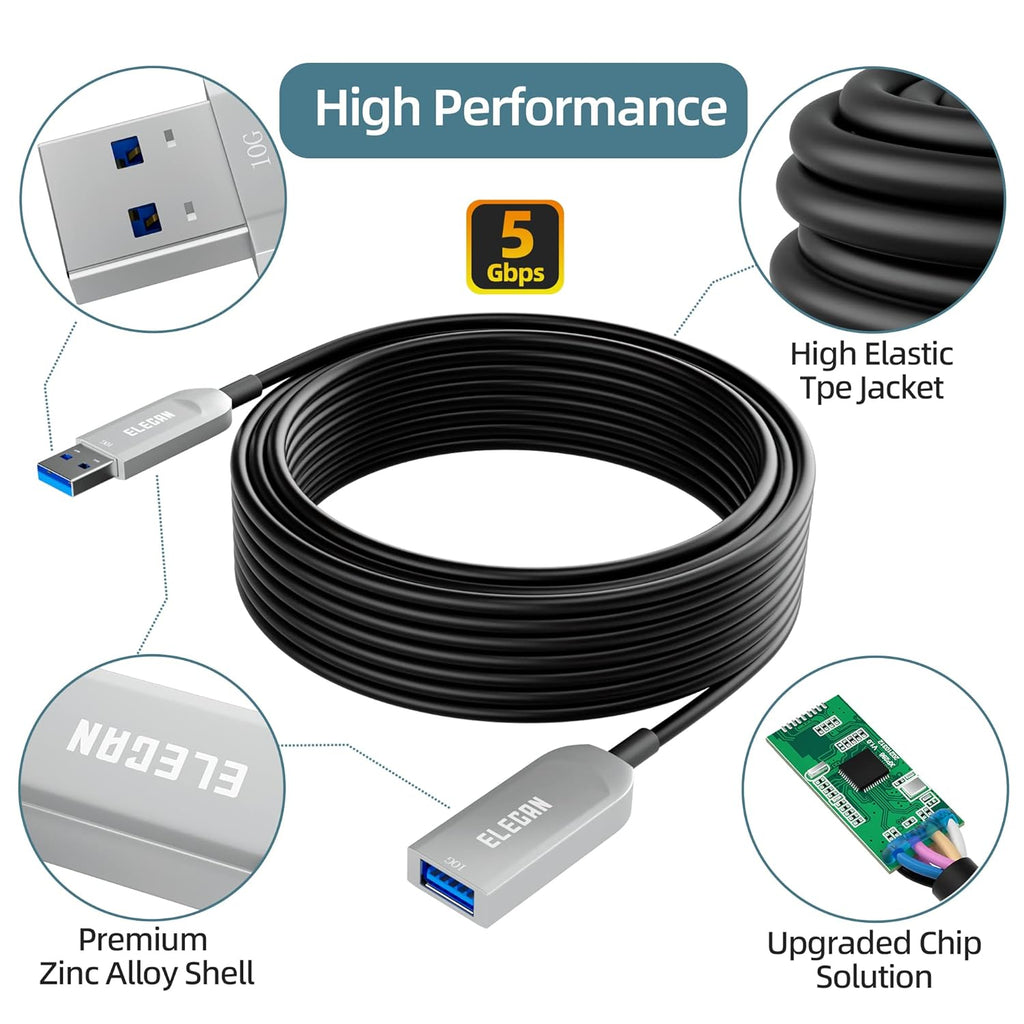 Elecan Active Optical USB 3.0 Extension Cable 50 FT Fiber Optic Type A Male to Female USB Extension Cord USB Extender 5Gbps Data Transfer for Webcam,Gamera, USB Hub, Keyboard, Hard Drive, Printer