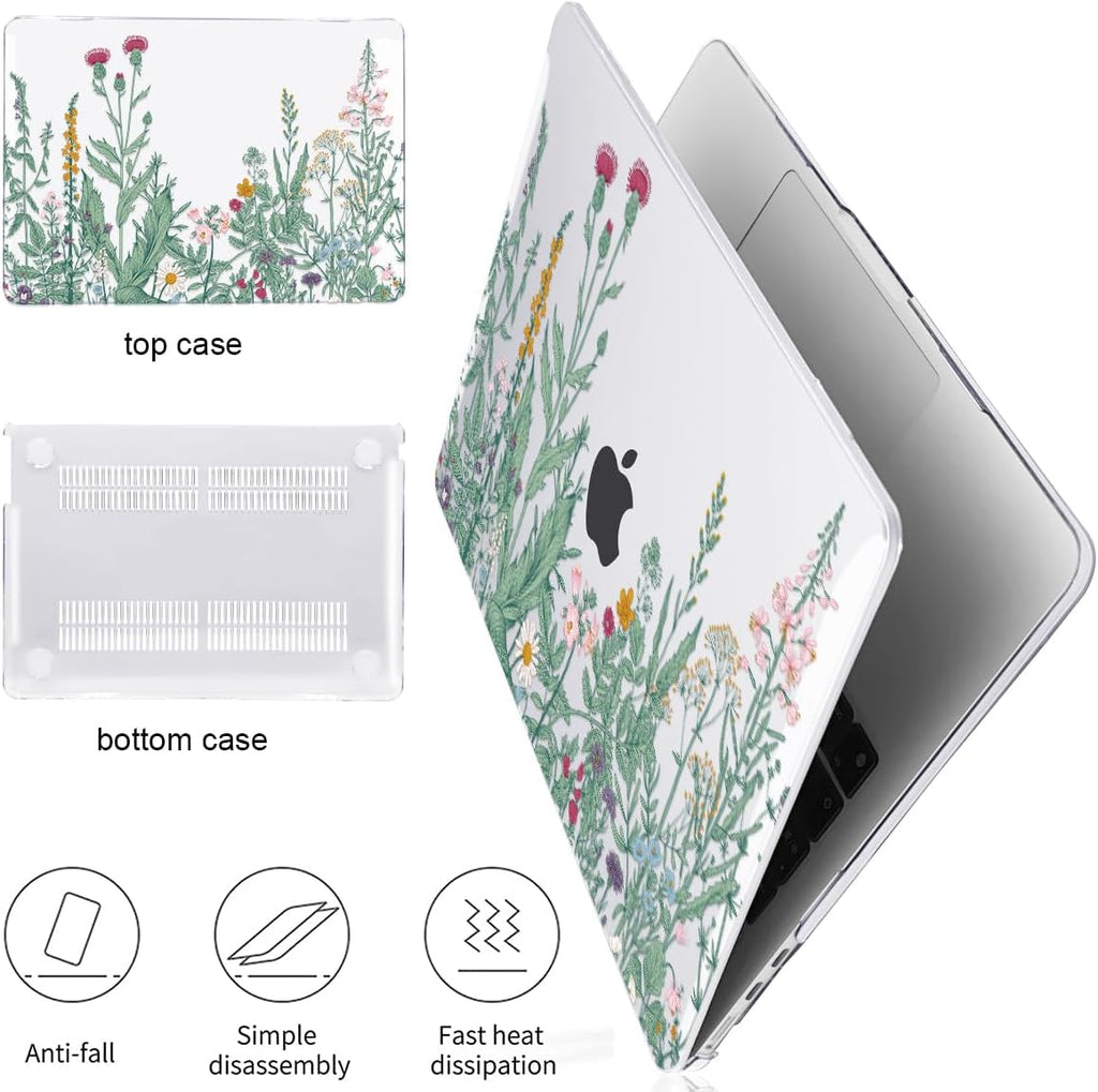 Compatible for MacBook Air 13.6 inch Case M4 M3 M2 2025 2024-2022 Release Model A3240 A3113 A2681, Printed Plastic Protective Hard Shell Cover for MacBook Air M4 13", Green Plants Flowers