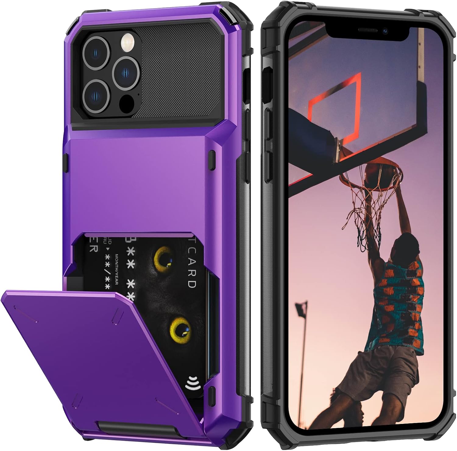 Nvollnoe for iPhone 12/12 Pro Case with Card Holder[Store 5 Cards] Dual Layer Heavy Duty Shockproof Wallet Case with Hidden Card Slot Large Storage Cover for iPhone 12(Purple)