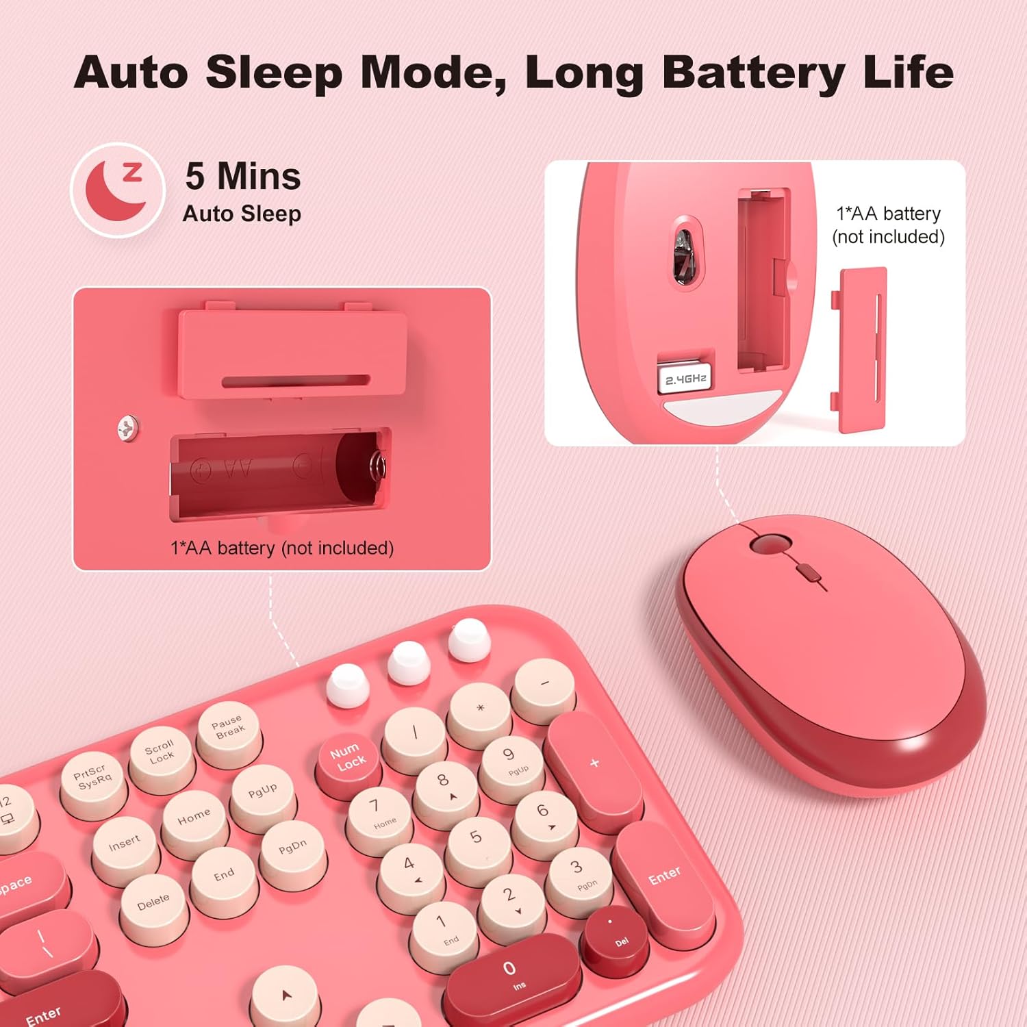 KNOWSQT Wireless Keyboard and Mouse Combo - Lovely Red Rainbow Full-Sized Typewriter Colorful Keyboards, Round Keycap USB Plug Play Retro Cute Keyboards for Windows, Laptop, PC, Desktop, Computer