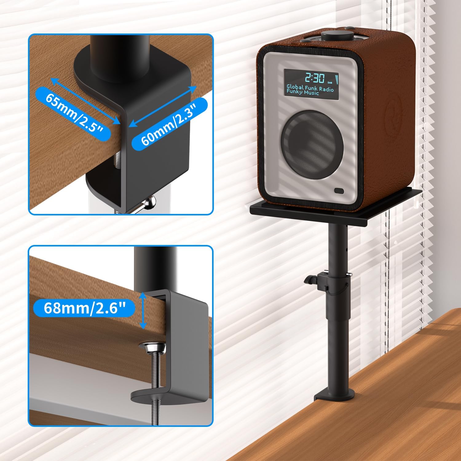 suptek Clamp-on Speaker Stand Desk Mount Set, Height Adjustment, Swivel, 9.6 x 8.8 inch Trays, Universal Audio Holders for Computer and Bookshelf Speakers, Elevated Sound, 2 Pack, Black, SDM001G